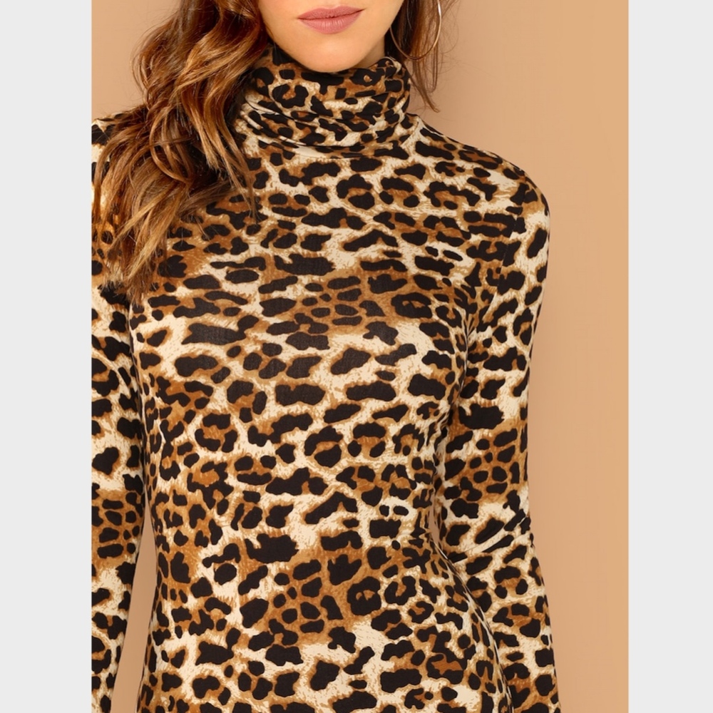 High Neck Leopard Print Lace Trim Pencil Dress - Picture 4 of 8